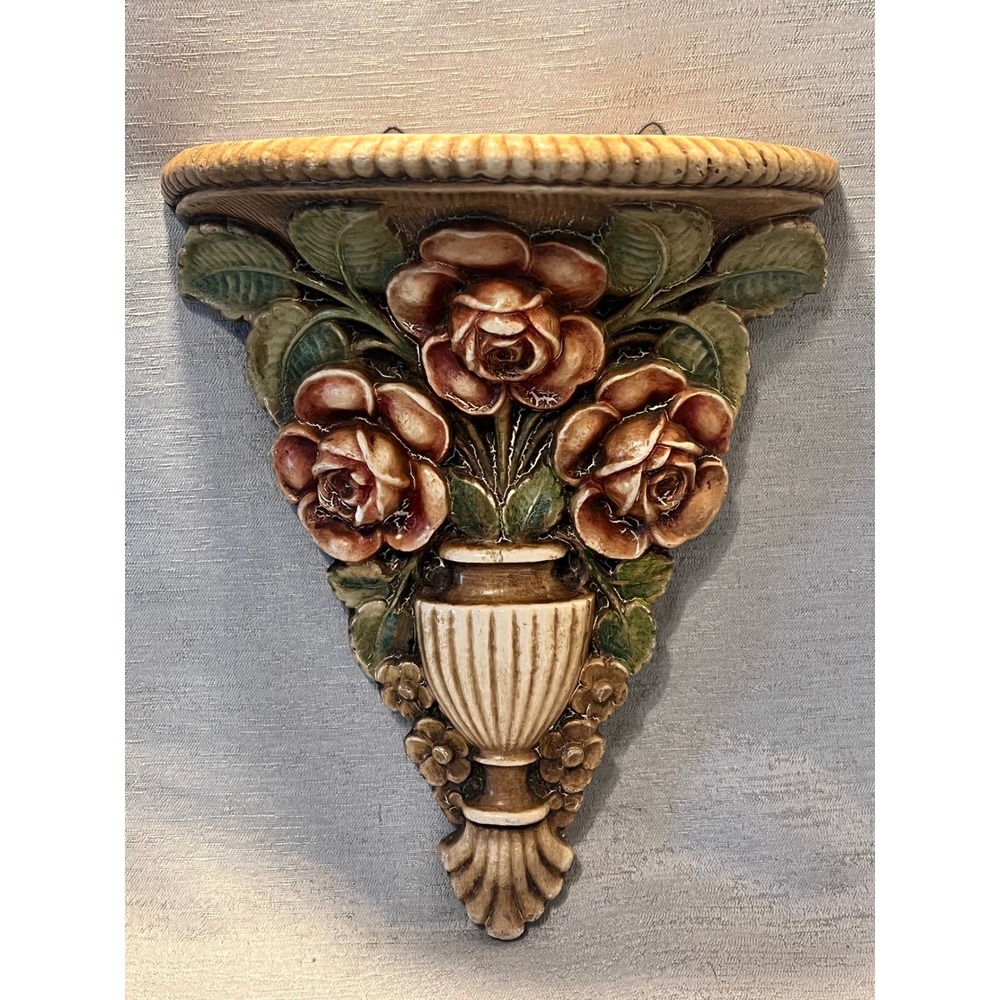 Vintage Floral Rose Urn Corbel Floating Shelf Bracket Plaster 9.5in cottage core
